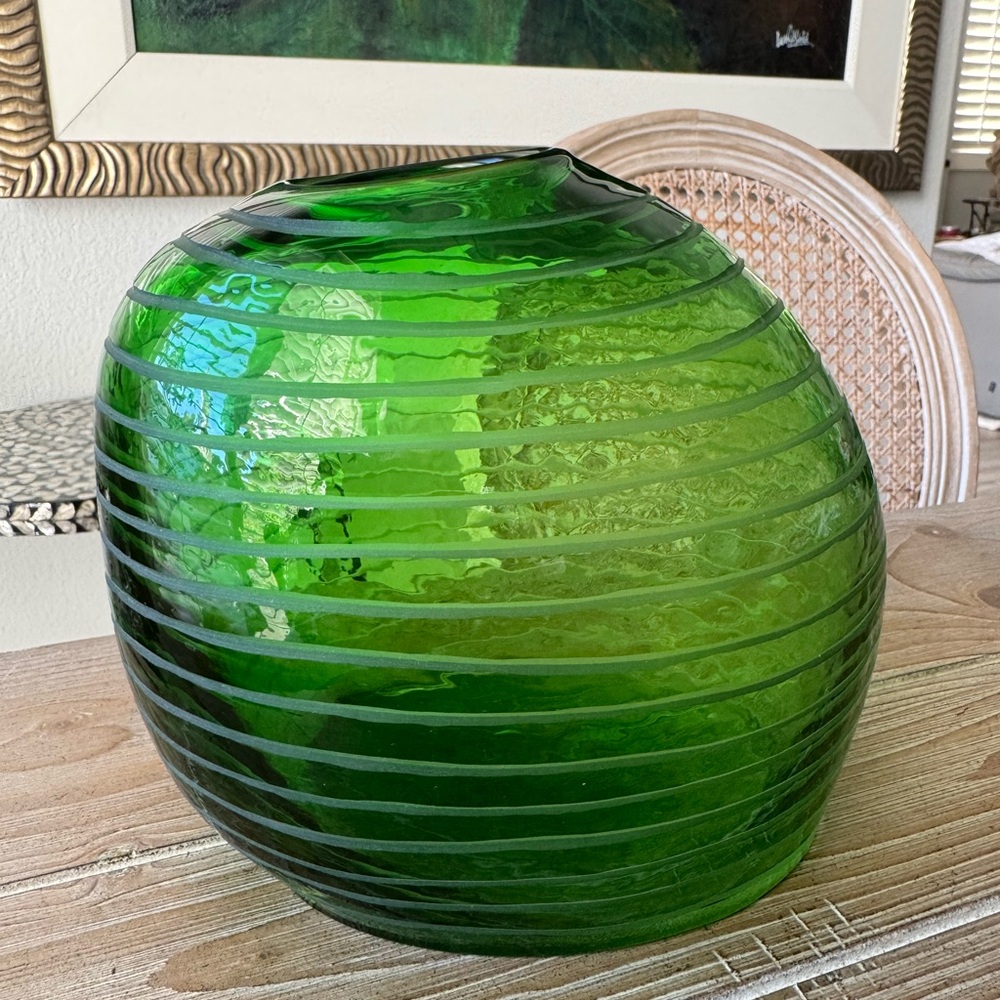 Vintage Frantisek Vizner Skrdlovice Green Bladder Vase Czech Bohemia Etched